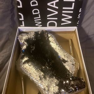 Brand new wild diva silver sequin ankle boots, in box. Taylor swift Eras.